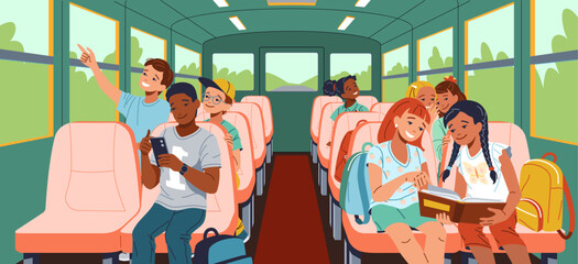 Upbeat multiracial understudies riding school transport level outline. Children in vehicle 2D characters cartoon foundation. Instruction scene vector picture