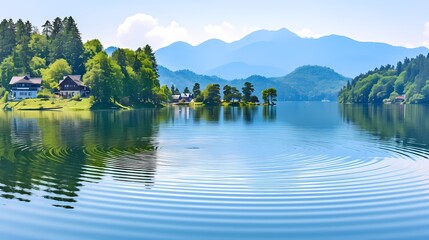 Fototapeta premium Serene lakeside view with gentle ripples and lush green trees in the background.