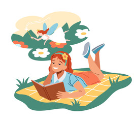 Dreaming girl reading book about fairies flat color vector illustration. Pretty junior schoolgirl spellbound by magic stories concept icon on white