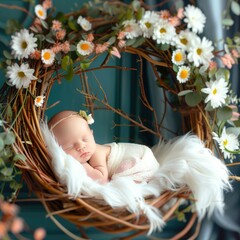 Newborn sleeping in a birds nest and flowers around