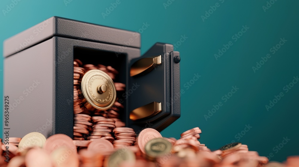 Poster cracking open digital safe to reveal wealth - with copy space and selective focus in