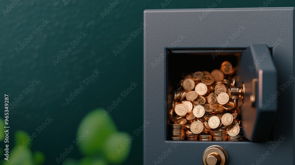 Poster digital safe cracking open to reveal wealth - with copy space and selective focus in