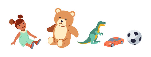 Obraz premium Children toys for boys and girls items flat color vector icon set. Cute figurines from kindergarten playroom objects illustration pack on white