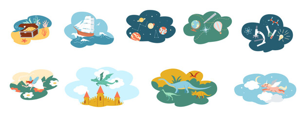 Children dreams scenes in clouds flat color vector icon set. Amazing adventures with imagination illustration pack on white background