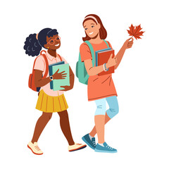 Girl holds leaf walking with black best friend flat color vector illustration. Cheerful schoolgirls with books and backpacks concept icon on white