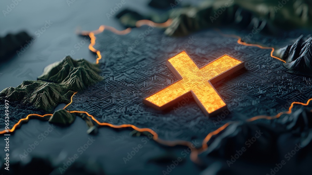 Poster illuminated digital treasure map with glowing x marking wealth in - selective focus copy space for t