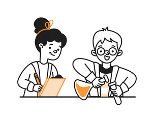 Schoolchildren conduct chemistry experiment doodle linear sketch vector illustration. Back to school education linear sketch vector people