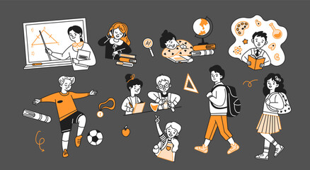 Happy students and teacher doodle line and color illustration set. Back to school education linear sketch vector people collection