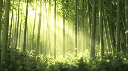 Fototapeta premium Serene bamboo forest with sunlight filtering through tall green stalks.