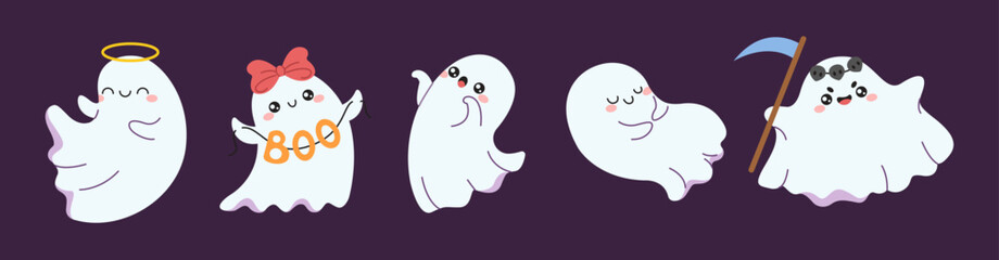 Funny ghosts Halloween party flat color vector characters set. Spooky cute phantoms at holiday party illustration pack on purple background