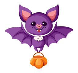 Cute bet carrying Halloween candy bag flat color vector illustration. Spooky flying animal trick or teat character icon on white background
