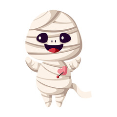 Joyful mummy with pinned heart flat color vector illustration. Scary ancient monster wrapped with bands Halloween character icon on white