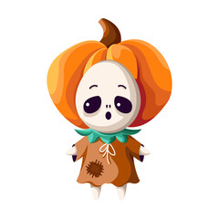 Ghost with pumpkin on head flat color vector illustration. October phantom. Spooky lost soul Halloween character icon on white background