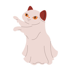 Playful cat ghost in bedsheet flat color vector illustration. Friendly pet in spirit costume Halloween character icon on white background