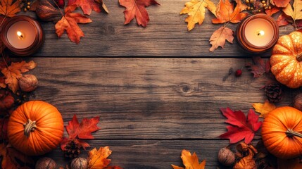 Autumnal Still Life with Pumpkins, Candles, and Leaves.