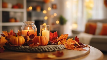 Naklejka premium Cozy Autumn Decor with Candles and Pumpkins.