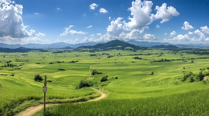Obraz premium Breathtaking Panoramic View of Expansive Thai Rice Paddies Stretching to the Distant Horizon