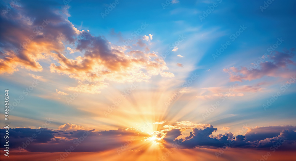 Poster sun shining through clouds, creating majestic rays of light across the sky. high quality photo