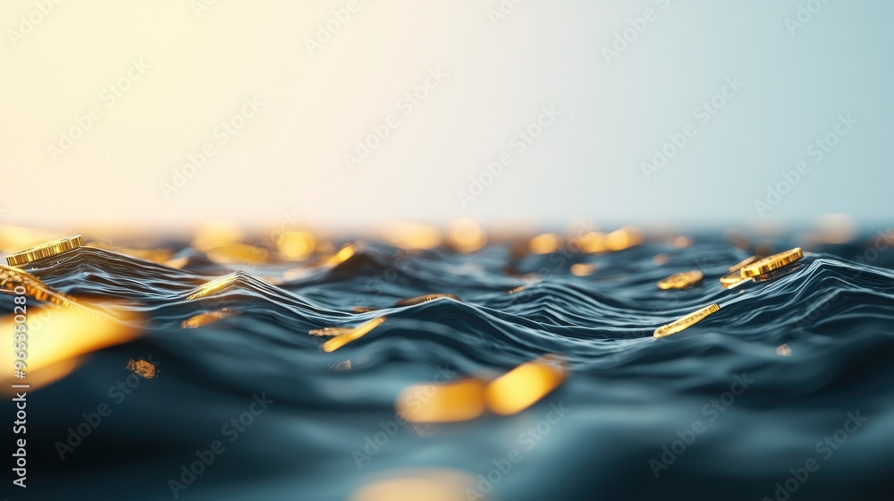 Poster digital currency waves in abstract ocean with copy space, selective focus | quality