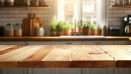 Empty Wooden Table with Blurred Kitchen Counter Background for Product Display,  Wood table top on blur kitchen counter background