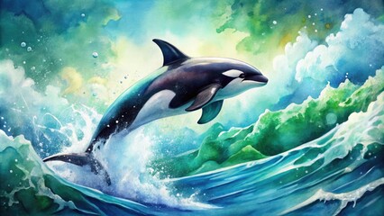 Vibrant watercolor illustration of a majestic orca whale breaching the ocean's surface, surrounded by swirling blue and green waves and delicate sea spray droplets.