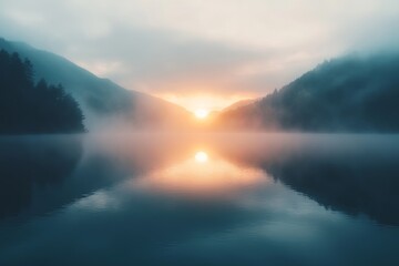 Fototapeta premium Serene Lake Landscape with Soft Pastel Colors at Sunrise, Perfect for Nature and Travel Themes Generative AI