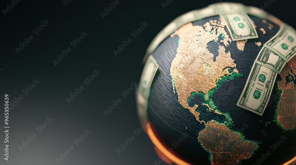 Poster global finance network concept - virtual globe with glowing money trails and copy space for text in