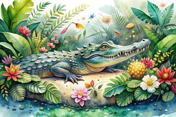 Obraz premium Vibrant watercolor illustration of an alligator, surrounded by lush greenery and florals, with soft, blended colors and subtle texture, evoking a whimsical, dreamy atmosphere.