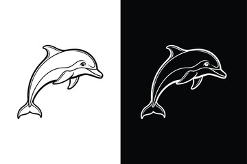 Minimalist Dolphin Outline Icon. Vector Design on White and Black
