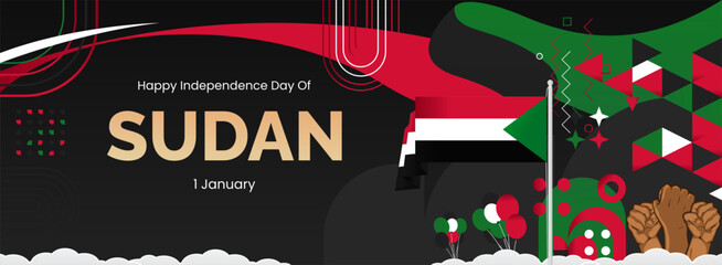 Obraz premium Sudan Independence Day background in Sudan flag colors with modern abstract shapes, typography and raised fist. Perfect for posters, banners and greeting cards. Happy Sudan national day