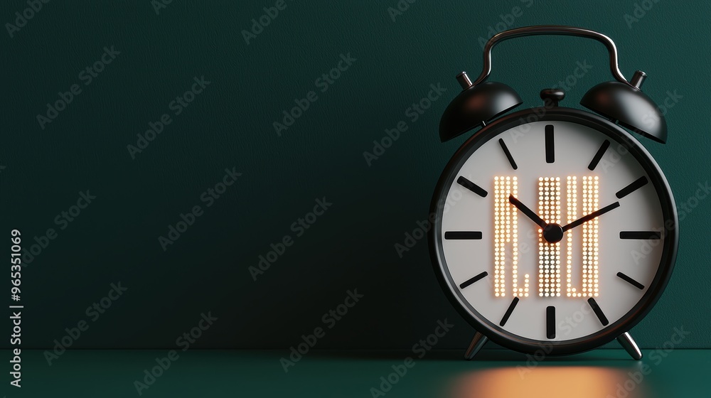 Poster countdown to wealth: glowing digital clock with copy space, selective focus -
