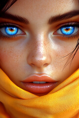 A woman with blue eyes is wearing a yellow scarf. The scarf is wrapped around her face, covering her nose and mouth. The image has a dreamy, ethereal quality to it