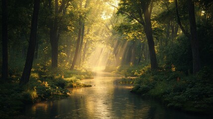 Obraz premium Calm river winding through a dense forest,