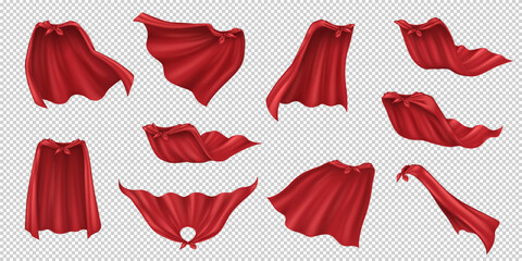 Hero capes of red fabric realistic vector illustration set. Traditional superhero accessories 3d models bundle on transparent background