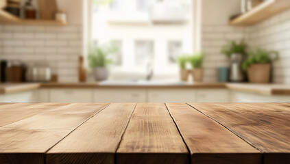 Empty Wooden Table with Blurred Kitchen Counter Background for Product Display,  Wood table top on blur kitchen counter background