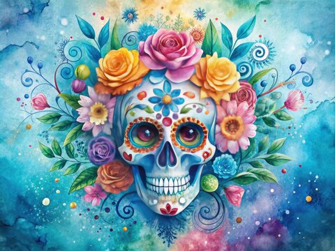 Vibrant watercolor illustration of a sugar skull adorned with flowers, swirls, and abstract shapes, set against a soft, ethereal blue background with delicate texture.