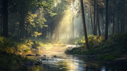 Fototapeta premium Calm river winding through a dense forest,