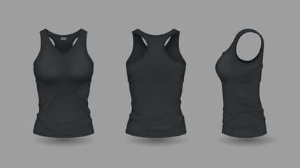 Dark women sleeveless shirts with symbol mockup reasonable vector outline set. Summer furnish with symbol format 3d models on dim foundation