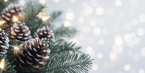 Close up of  christmas tree branches and a pine cone with warm light christmas background with crazy atmosphere 