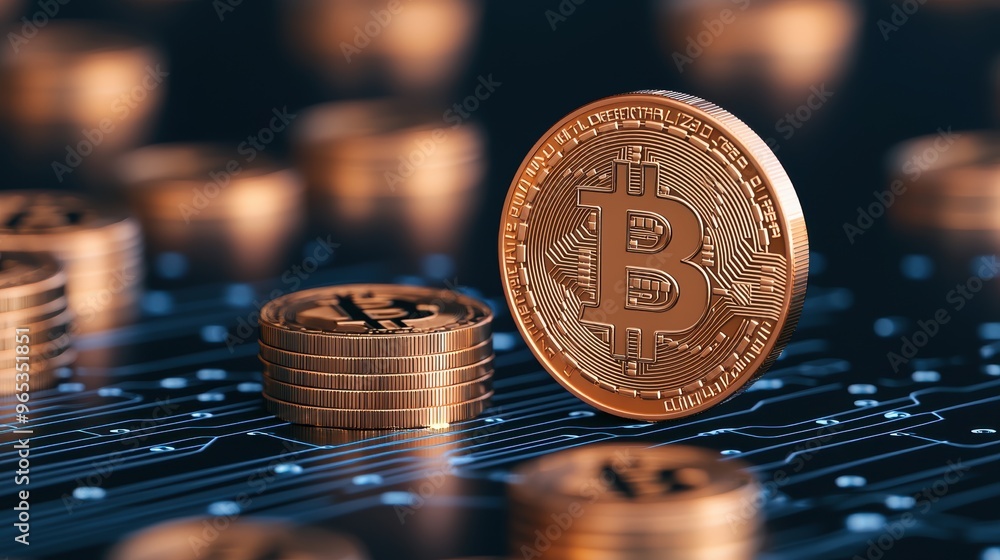 Poster neon blockchain treasure map: digital wealth in glowing grid with coins -
