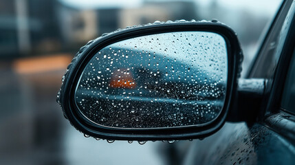 Close-up of a car's side mirror covered in rain droplets, with out-of-focus background depicting rainy weather and blurred lights of another vehicle.