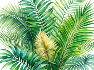 Vibrant watercolor illustration of lush green palm leaves with delicate fronds and subtle texture, evoking a sense of tropical warmth and serene natural beauty.