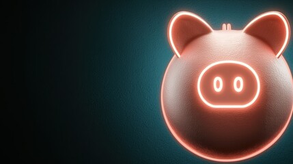 Futuristic Neon Piggy Bank Hologram - Virtual Finance and Savings Concept with Copy Space and Selective Focus in