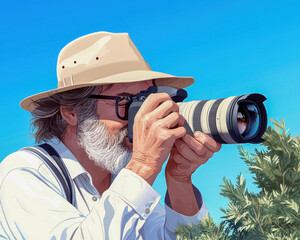 An enthusiastic photographer captures nature's beauty with a camera, showcasing a serene outdoor setting.