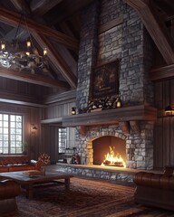 Rustic Living Room with Large Stone Fireplace, Wooden Ceiling Beams, and Leather Chairs for a Cozy and Inviting Space