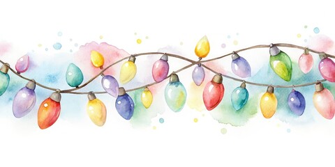 Vibrant watercolor illustrations of twinkling Christmas lights in soft pastel hues, scattered across a white background, evoking a whimsical and festive holiday atmosphere.