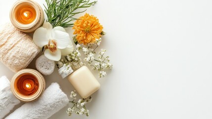 Spa Products and Flowers on a White Background