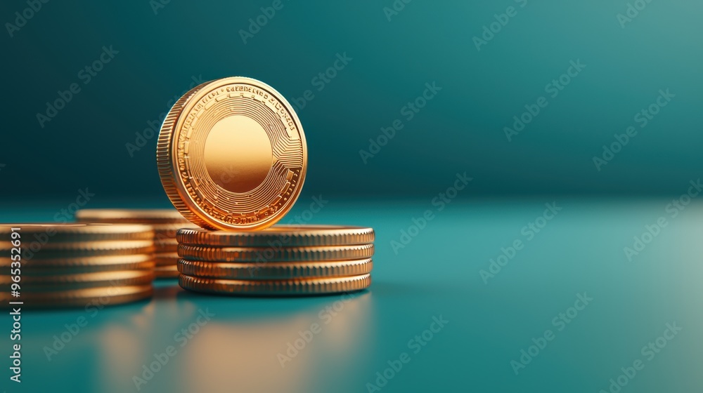 Poster futuristic virtual coin flip hologram for digital decision-making in finance with copy space and sel