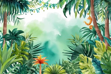 Delightful Whimsical Watercolor Jungle Background with Lush Foliage and Bright Tropical Scenes