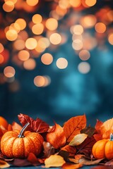 autumn pumpkins and leaves with bokeh background